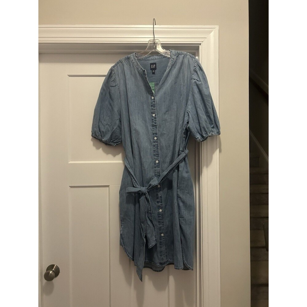 NWT $79 GAP Puff-Sleeve Denim Shirt Dress in Light Wash Blue Women’s XXL Tall - Picture 2 of 12